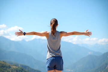 woman standing on top of a mountain with her arms outstretched