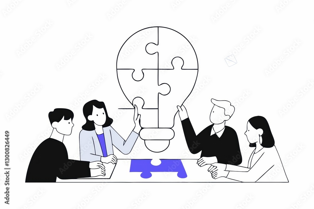 Poster a group collaborates on problem-solving, assembling puzzle pieces into a light bulb, symbolizing ide