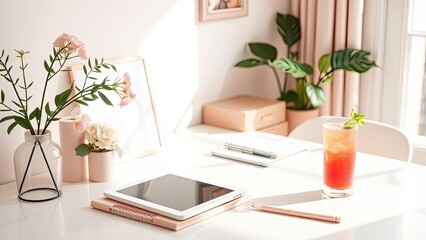 Peaceful Home Office Workspace with Flowers Drink