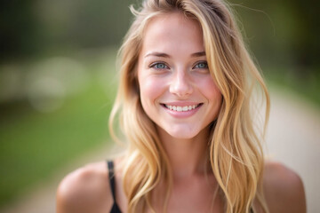 woman with blonde hair and blue eyes smiles at the camera