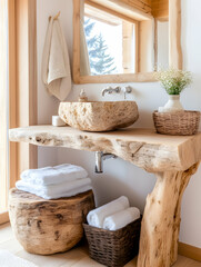 Rustic bathroom, wood vanity, mountain view (1)