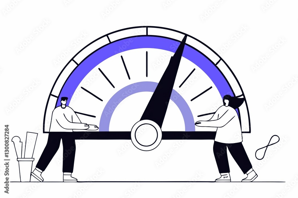 Poster two individuals collaboratively adjust a large gauge, symbolizing teamwork and progress in achieving