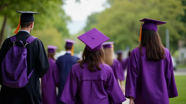 College graduates in purple robes and caps walking outdoors. Graduation ceremony backdrop. Education success, academic achievement concept