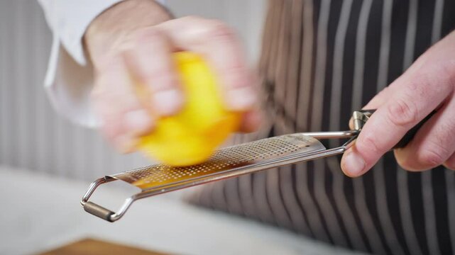 Food preparation. Close-up, professional chef grates orange peel with a metal grater. Slow motion 50 fps.