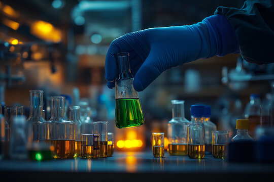 Scientist working in a laboratory with liquids and tubes