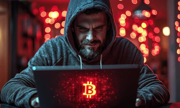 Hacker in a Dark Room with a Laptop and Digital Code