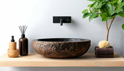 Rustic sink, minimalist bath, wooden shelf