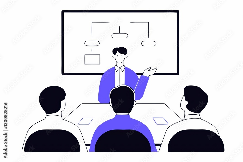 Aufkleber a presenter explains concepts to an audience in a meeting, with flowcharts displayed on a screen.