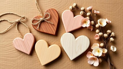 Fototapeta premium Wooden Hearts Decorations Romantic Crafts Valentines Day Home Decor Love Symbols