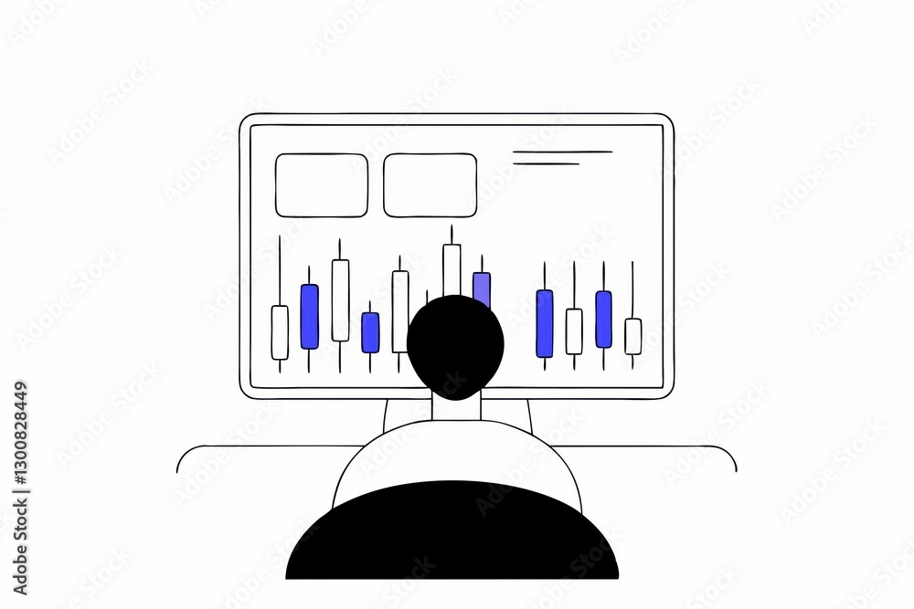 Poster a person analyzing financial data on a computer screen, displaying various candlestick charts and in