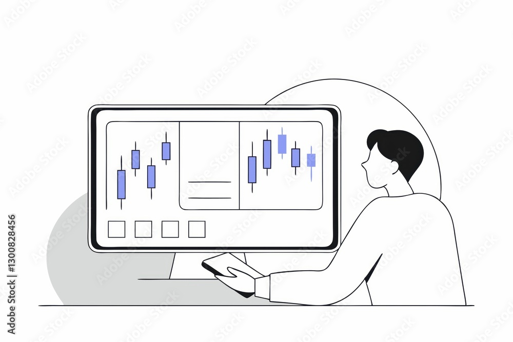Poster a person analyzes financial data on a computer screen, displaying candlestick charts and statistics,