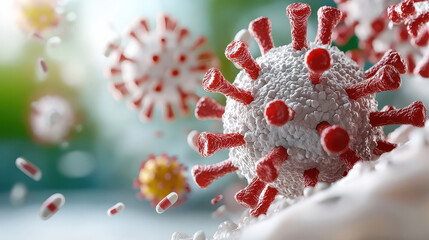 close up illustration of virus with red spikes surrounded by floating capsules, representing medical or scientific concept. image conveys sense of urgency and focus on health