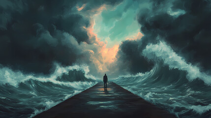 A lone figure stands on a pier, surrounded by tumultuous waves and dramatic skies, evoking feelings of isolation and contemplation. Isolation - Cave. Illustration