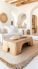 Rustic wood coffee table, minimalist living room
