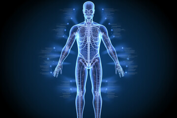 Futuristic digital human anatomy with glowing blue skeletal system and medical data interface