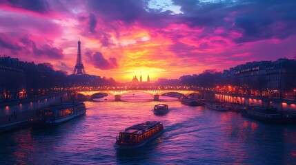 Naklejka premium A vibrant hyper-realistic scene of the Seine River during a colorful sunset, boats passing by under illuminated bridges, and the Paris skyline glowing in the distance. --ar 16:9
