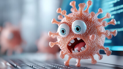 cartoon virus character with surprised expression emerges from computer screen, symbolizing digital threats