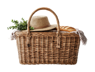Woven basket with fresh bread, straw hat, and greenery for a delightful summer picnic setup outdoors, cut out