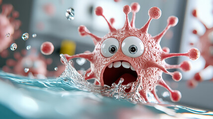 cartoon virus with surprised expression splashes in water, showcasing dynamic movement and playful design. scene captures virus exaggerated features and vibrant colors