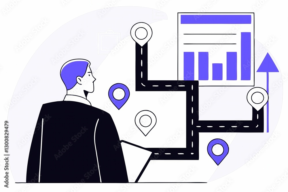 Poster a person analyzing a graph with directional markers, symbolizing data navigation and decision-making