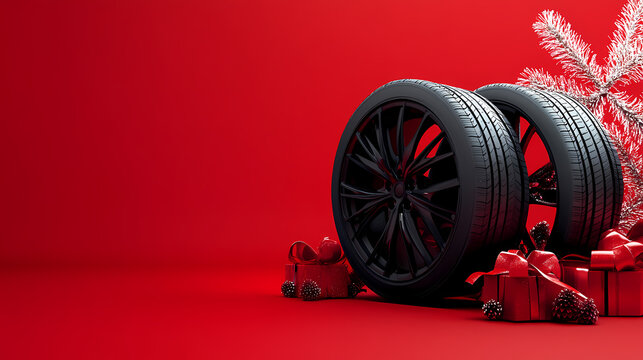 Car tires new tyres winter wheels isolated on red christmas background with bow ribbon present. Isolation - Cave. Illustration