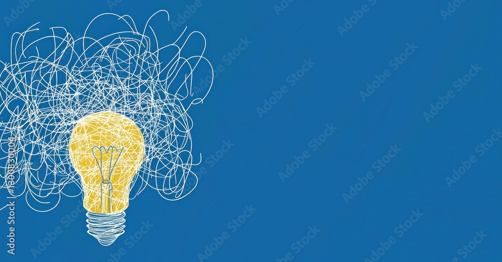 Poster a bright light bulb amidst chaotic scribbles symbolizing creativity and brainstorming on a calming b