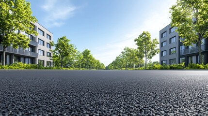 Modern Wide Asphalt Road Running Between Tree-Lined Buildings Under Clear Blue Sky