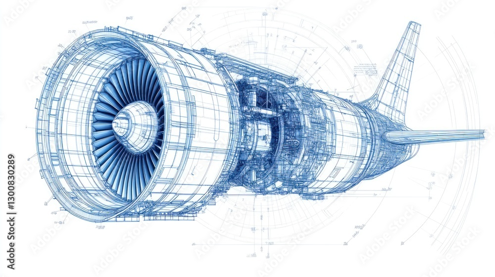 Poster technical blueprint of a jet engine showcasing detailed design and engineering.
