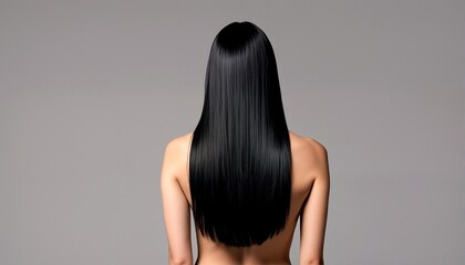 Obraz premium The image of a woman's back and legs with long black hair.
