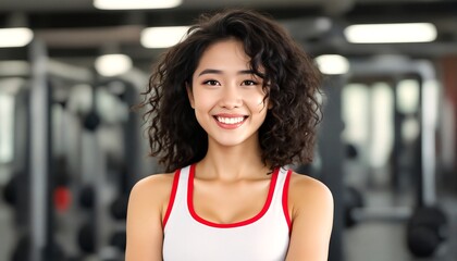Fototapeta premium Portrait of a young woman with curly hair wearing a white tank top with red trim.