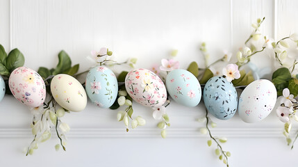 Obraz premium A pastel Easter garland made of wooden eggs painted with soft floral designs, creating a serene and delicate holiday decor piece.