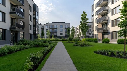 Wide Asphalt Road Divides Modern Apartments Surrounded by Lush Green Landscape
