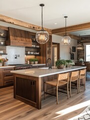 Fototapeta premium Elegant modern kitchen shows a woodpaneled kitchen island