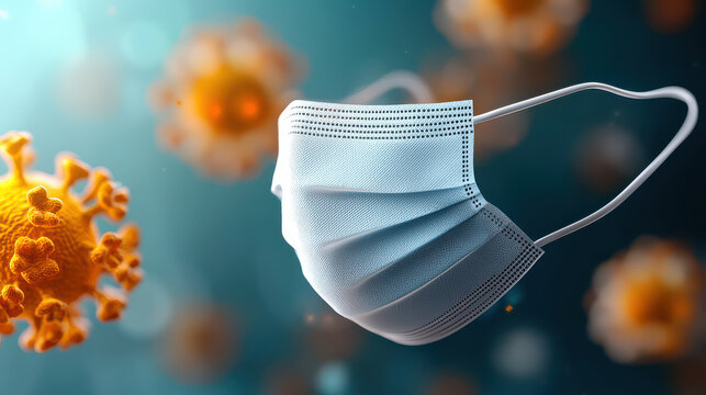 whimsical cartoon surgical mask floats with glowing effect, surrounded by abstract virus particles, creating surreal and imaginative scene