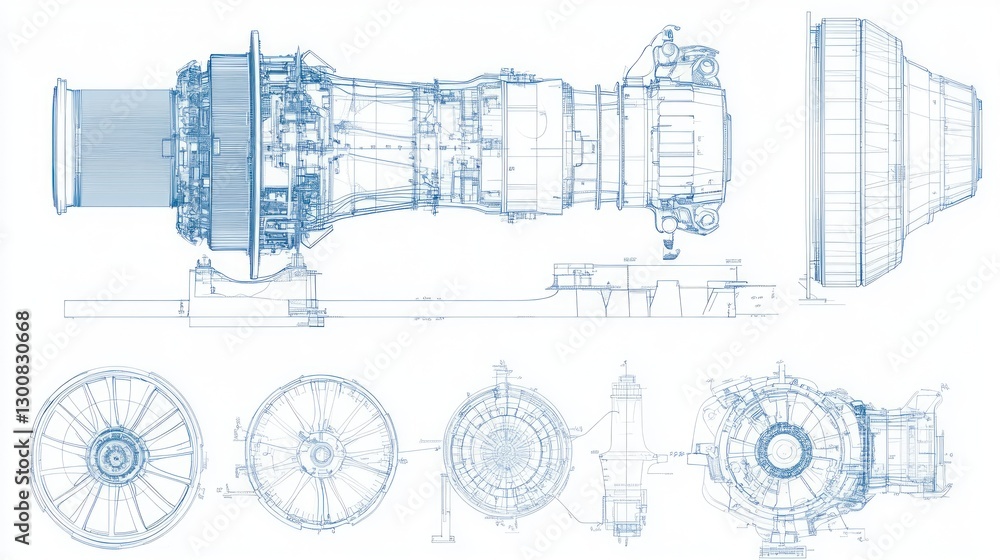 Poster technical blueprint of a jet engine showcasing its components and design.