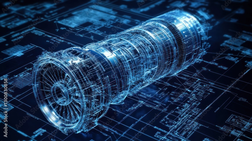 Poster a digital rendering of an aircraft engine with technical schematics in the background.