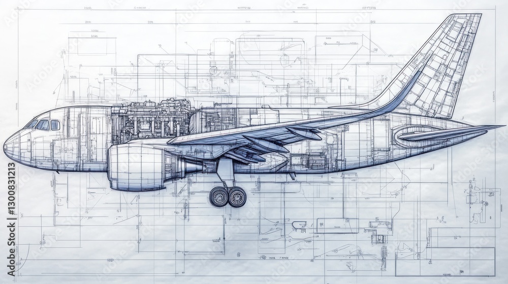 Poster technical blueprint of an aircraft showcasing its internal components and structure.
