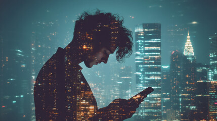 Obraz premium An attractive young man engages with his smartphone, blending his profile with a colorful city skyline at night, creating a striking visual effect
