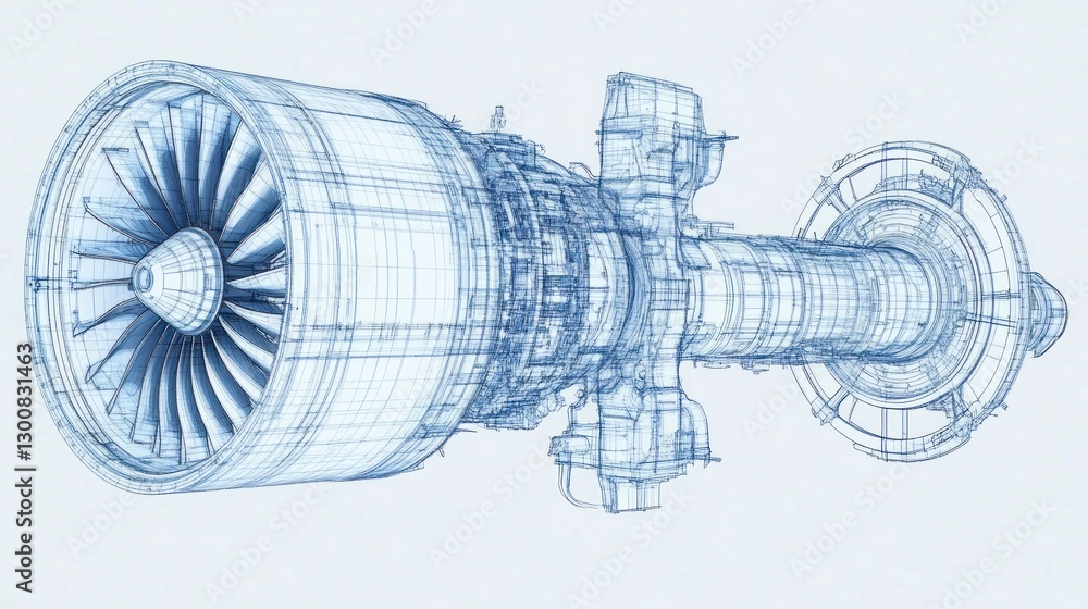 Poster a wireframe model of a jet engine showcasing its intricate design and components.