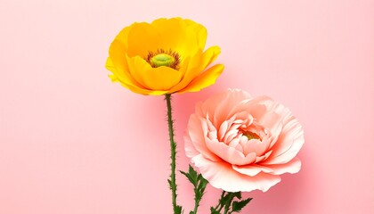 Obraz premium Yellow and pink flowers on a pink background.