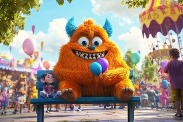 Naklejka premium Friendly fluffy orange monster with blue horns sitting on a bench at a lively carnival, holding balloons and smiling next to a delighted child
