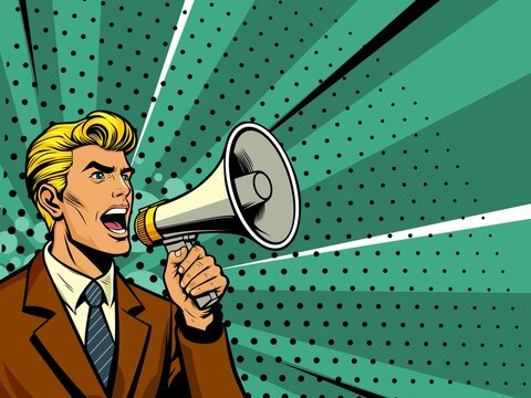 businessman shouting into megaphone