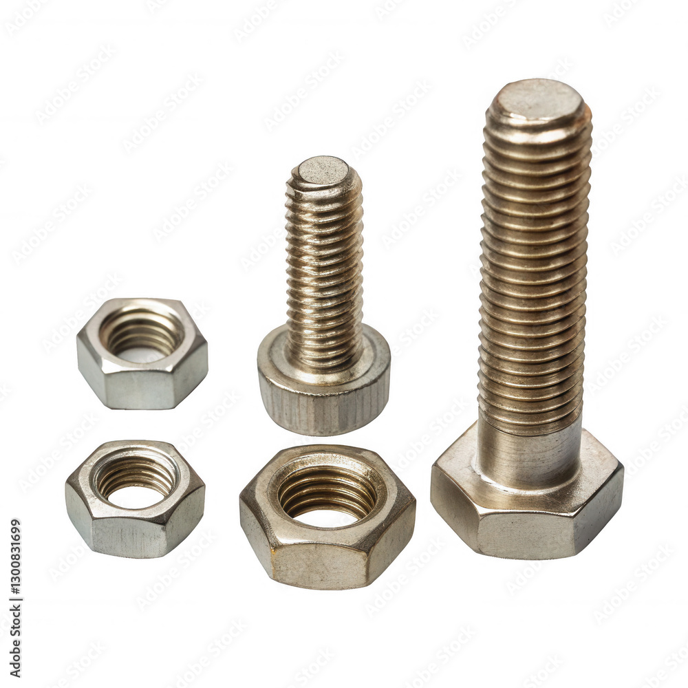 Aufkleber A collection of metallic bolts and nuts showcasing various sizes and designs, emphasizing their threaded details and hexagonal shapes.