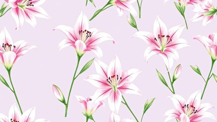 Pink Lilies Floral Pattern Botanical Illustration Spring Flowers Nature Background Seamless Design