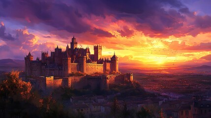 Obraz premium Carcassonne's medieval fortress shimmering in golden light under twilight, with the last rays of sunlight painting the sky in deep purples and oranges, and distant hills adding depth to the scene,