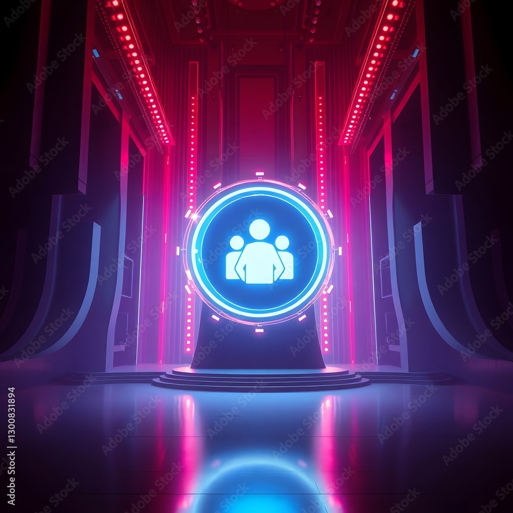 Poster a futuristic concept of a digital user icon illuminated in neon colors within a high-tech setting 