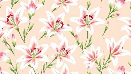 Seamless Peach Background with Pink Lilies Floral Pattern Botanical Illustration Spring Flowers