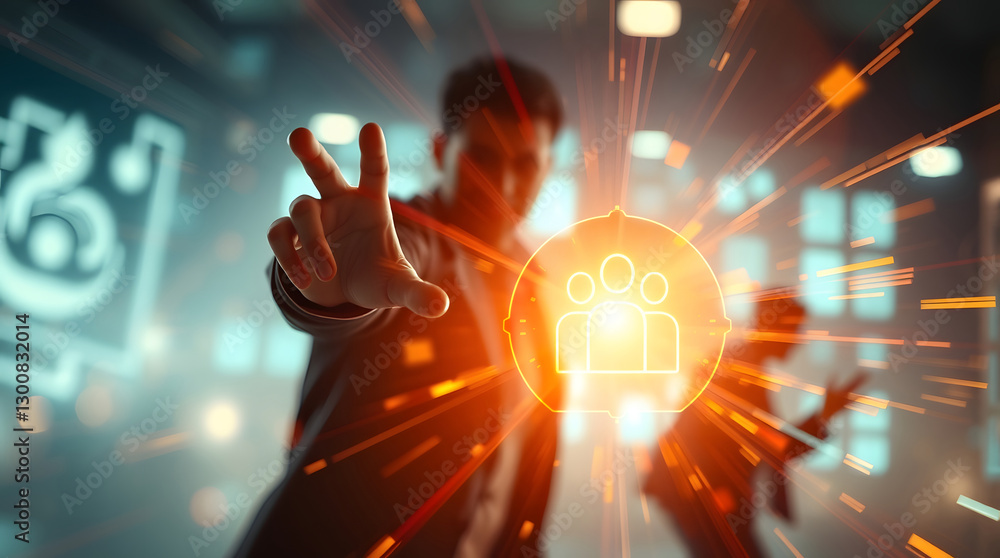 Poster Man interacting with a digital interface showing a group icon.  The scene is futuristic and high-tech, suggesting connection and teamwork