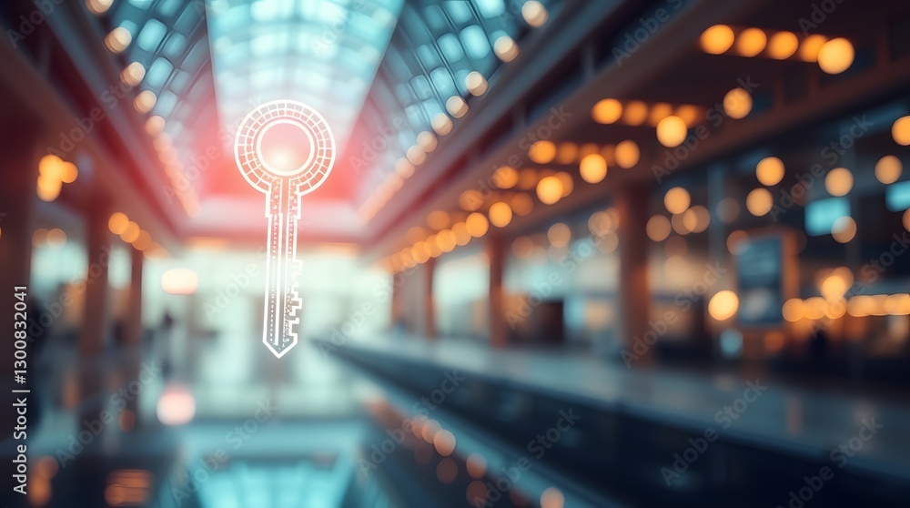 Poster an image of a digital key floating over a blurred indoor background, representing security and access. The key glows with light