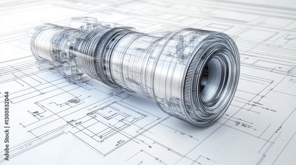 Poster a blueprint of a mechanical component overlaid on a technical drawing.